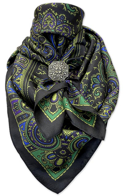 Raven Paisley with Blue, Olive and Purple Accents Wild Rag 100% Silk Scarf Cowboy Bandana *NEW*