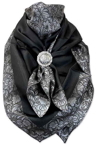 Understated Black Blocks with Grey Tooled Leather Floral Pattern Accents Wild Rag 100% Silk Scarf Cowboy Bandana *NEW*
