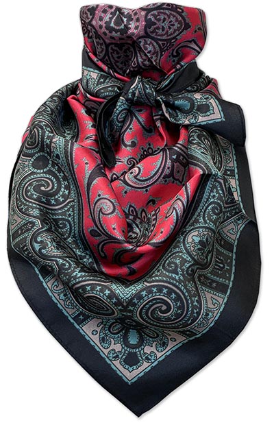 Red and Teal Paisley on Black Wild Rag 100% Silk Scarf Cowboy Bandana