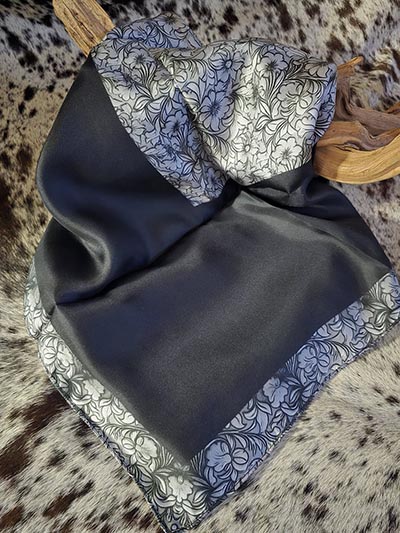 Understated Black Blocks with Grey Tooled Leather Floral Pattern Accents Wild Rag 100% Silk Scarf Cowboy Bandana *NEW*
