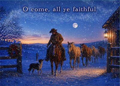 O Come All Ye Faithful Snowy Ranch Scene - Pkg of 10 Cards
