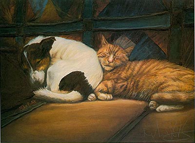 Friends Terrier and Yellow Cat Signed Print by Mike Burr *ONLY 1 AVAILABLE*