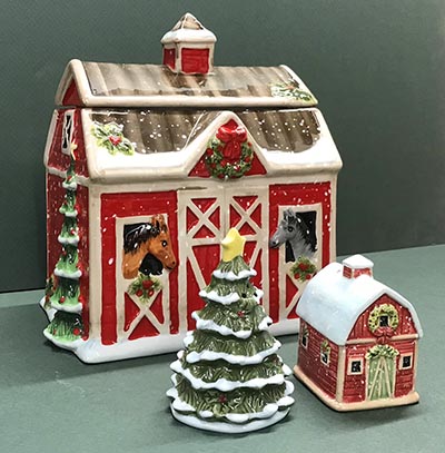 Snowy Farm Holiday Ceramics - Cookie Jar and Salt and Pepper Shakers