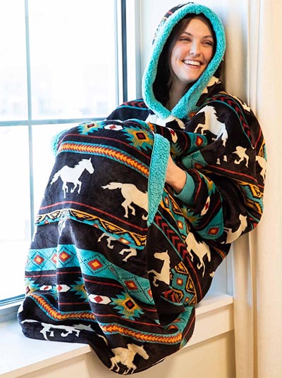 Galloping Horses Plush Blanket Hoodie