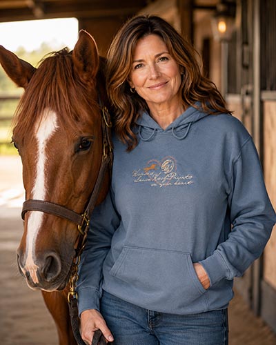 Embroidered Horses Leave Hoofprints on your Heart Denim Blue Hoodie *ONLY ONE AVAILABLE size MEDIUM*