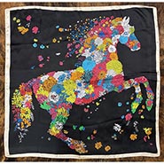 Silky Floral Horse on Black Polyester Wild Rag