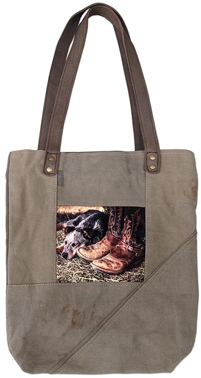 Recycled Military Tent Bags featuring Heeler Pup with Cowboy Boots *DISCONTINUED LAST ONE!*