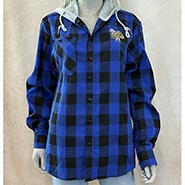Royal Blue Buffalo Plaid Longsleeve Flannel hoodie with Barn Girl Embroidery *ONLY 1 AVAILABLE size M*