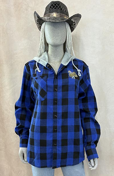 Royal Blue Buffalo Plaid Longsleeve Flannel hoodie with Barn Girl Embroidery *ONLY 1 AVAILABLE size M*