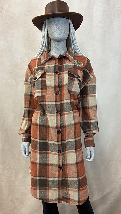 Extra Long Plaid Flannel Shirt Jacket with Barn Girl Embroidery *ONLY ONE AVAILABLE size XL*