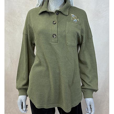 Moss Waffle Knit Longsleeve Henley with Barn Girl Embroidery HALF PRICE *ONLY ONE AVAILABLE size Small*