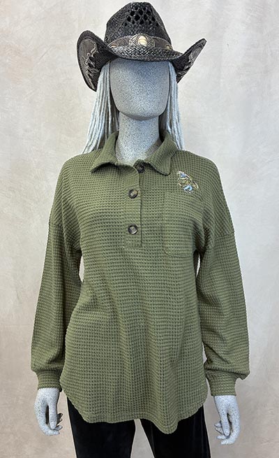 Moss Waffle Knit Longsleeve Henley with Barn Girl Embroidery HALF PRICE *ONLY ONE AVAILABLE size Small*