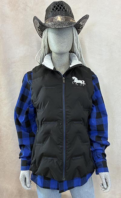 Black Puffer Vest with Blue accents and White Horse Embroidery *ONLY ONE AVAILABLE size Medium*