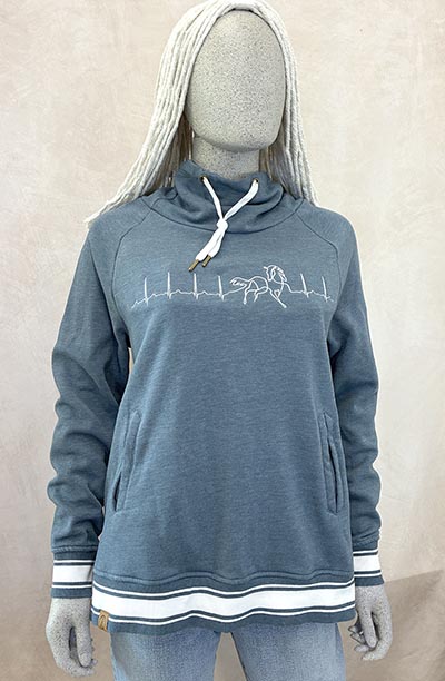 Embroidered Heartbeat Horse Denim Blue Funnel Neck Sweatshirt *ONLY 1 AVAILABLE Size Medium*