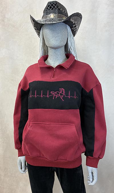 Wine and Black Color Block Quarter Zip Sweatshirt with Heartbeat Horse Embroidery *ONLY ONE AVAILABLE Size Medium*