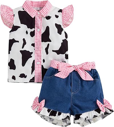Little Girl Cowgirl Outfit Pink Gingham Cow Print and Denim *ONLY ONE AVAILABLE Size 5-6 years*