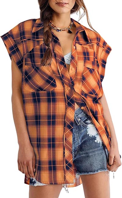 Sleeveless Orange and Black Plaid Tunic Length Blouse  *ONLY 1 AVAILABLE size S*