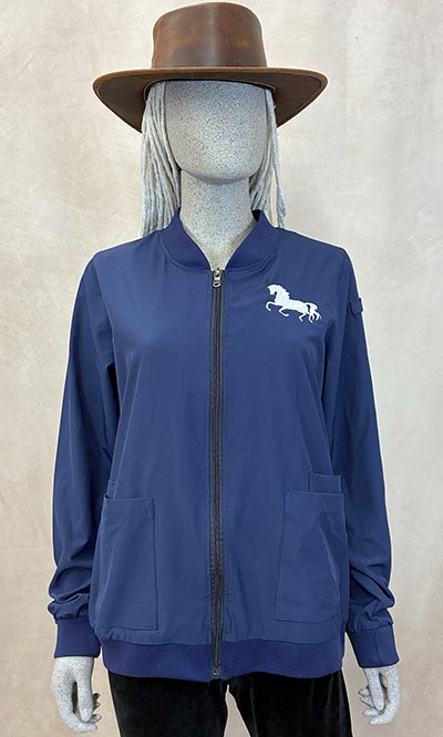 Navy Blue 4-way Stretch Scrub Jacket with Horse Embroidery *ONLY 1 AVAILABLE Size Medium*