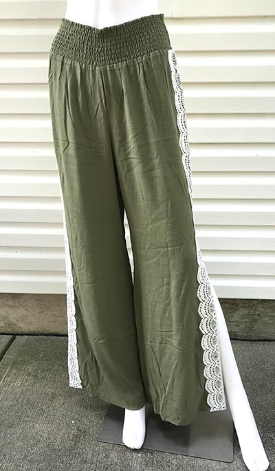 Venus Lace Trimmed Olive Green Textured Linen Slacks  *ONLY ONE AVAILABLE SIZE SMALL*